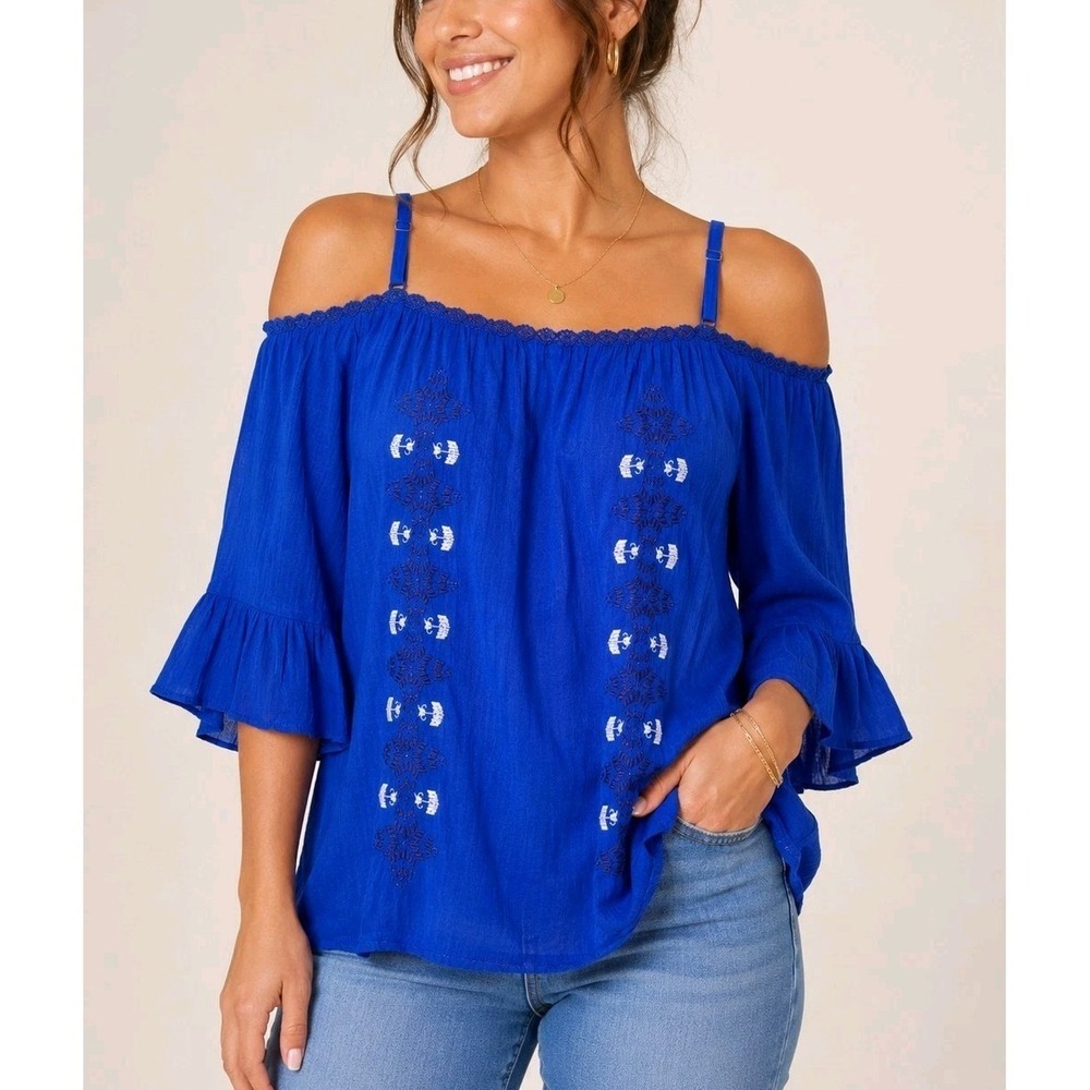 Hazel Blue Embroidered Peasant Blouse Off Shoulder Boho Top Medium M